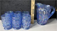 LE Smith Blue Carnival Glass Pitcher & Glasses