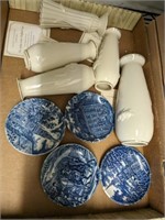 BLUE AND WHITE SAUCERS, LENOX BUD VASES