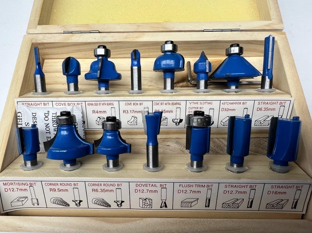 Unused Router Bit Set in Wooden Box!