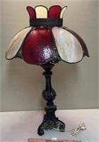 VINTAGE CAST METAL COLORED GLASS TABLE LAMP