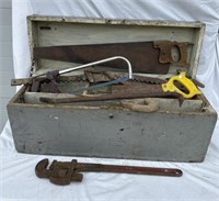 Wooden Toolbox/Crate, Hand Saw, Crowbar, Pipe