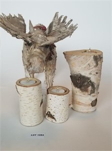 Wood Moose & 3 Birch Candle Holders