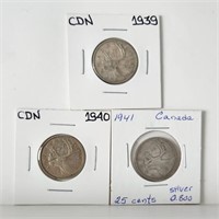 1939 1940 1941 25c Canada Silver