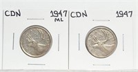 1947 With & Without Maple Leaf 25c Canada Silver