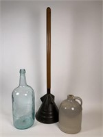 Antique plunger, stoneware jug & blue jar