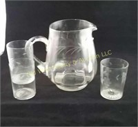 Etched Glass Pitcher & (3) Glasses
