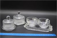 2 lidded glass containers & Mikasa Tray, C & S