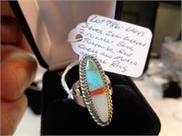 SILVER 2.50 CT ZUNI TURQUOISE/CORAL & MOP RING