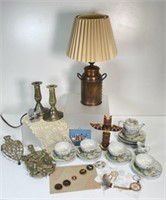 Brass, Trivets, Candlesticks, China Tea Set, Lamp