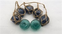 Glass Baubles Balls In Twine And 2 Blue Balls
