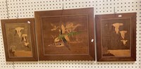 3 inlaid wood duck wall art pieces, flying ducks