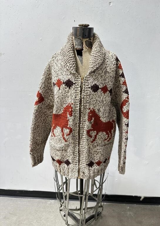 Vintage Cowichan Indian Zip Up Sweater Horses
