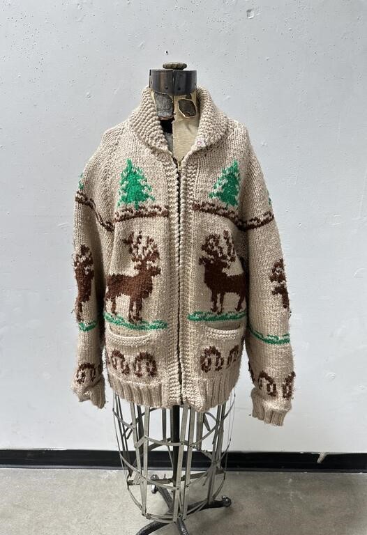 Vintage Cowichan Indian Zip Up Sweater Reindeer