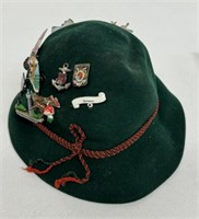 VINTAGE ALPINE GERMAN  HAT w/ TRAVEL PINS