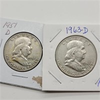 1951 D & 1963 D FRANKLIN SILVER HALF DOLLARS