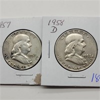 1957 & 1958 D FRANKLIN SILVER HALF DOLLARS