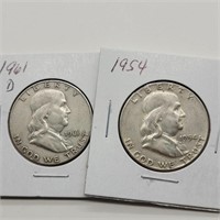 1954 & 1961 D FRANKLIN SILVER HALF DOLLARS