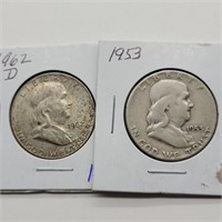 1953 & 1962 D FRANKLIN SILVER HALF DOLLARS