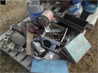 Pallet of Hand Saws, U-Bolts, Tin Gas Cans