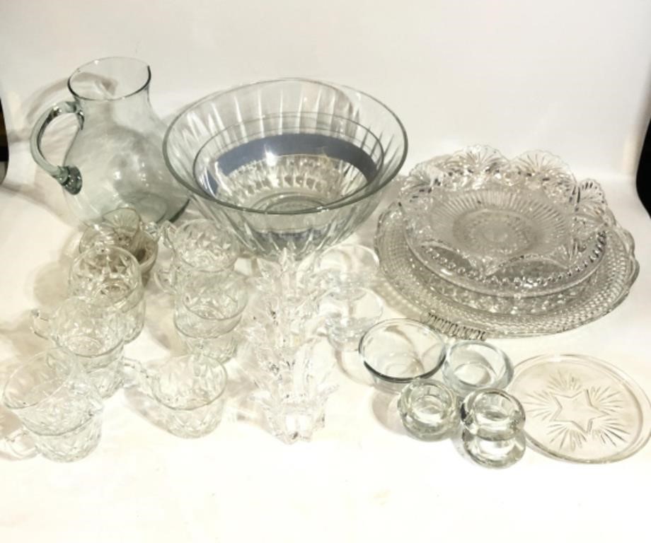 Lot of Crystal Glass Punch Bowl Cups Pitcher