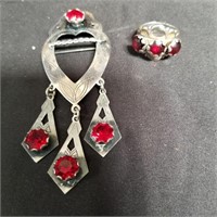 Sterling silver and red glass brooch and ring