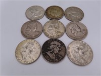 (9) pre64 Silver Franklin Half Dollar Coins