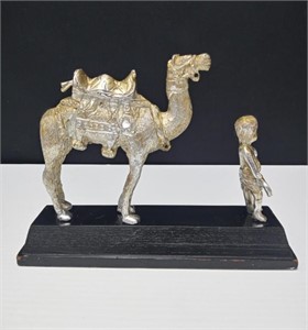 Silver White Metal Camel & Man Statue Wood Stand