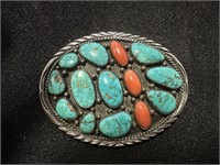 STERLING SILVER, TURQUOISE AND CORAL BUCKLE