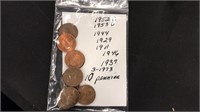 10 pennies assorted dates 1929 to 1973