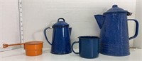 Enamelware Kettle Cups & Warmer Metal Blue Orange