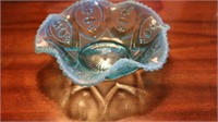 Blue Opalescent Lg Bowl w/ Ruffled &Sawtooth Rim