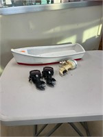 Skiff Model and 3 Toy Outboard Motors