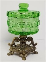 Vintage Emerald Glass Brass Pedistal Lidded Dish