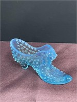 Fenton blue Hobnail glass shoe cat slipper