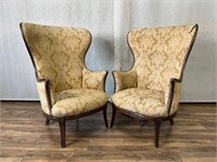 Pair of Cream & Gold Floral Wingback Chairs