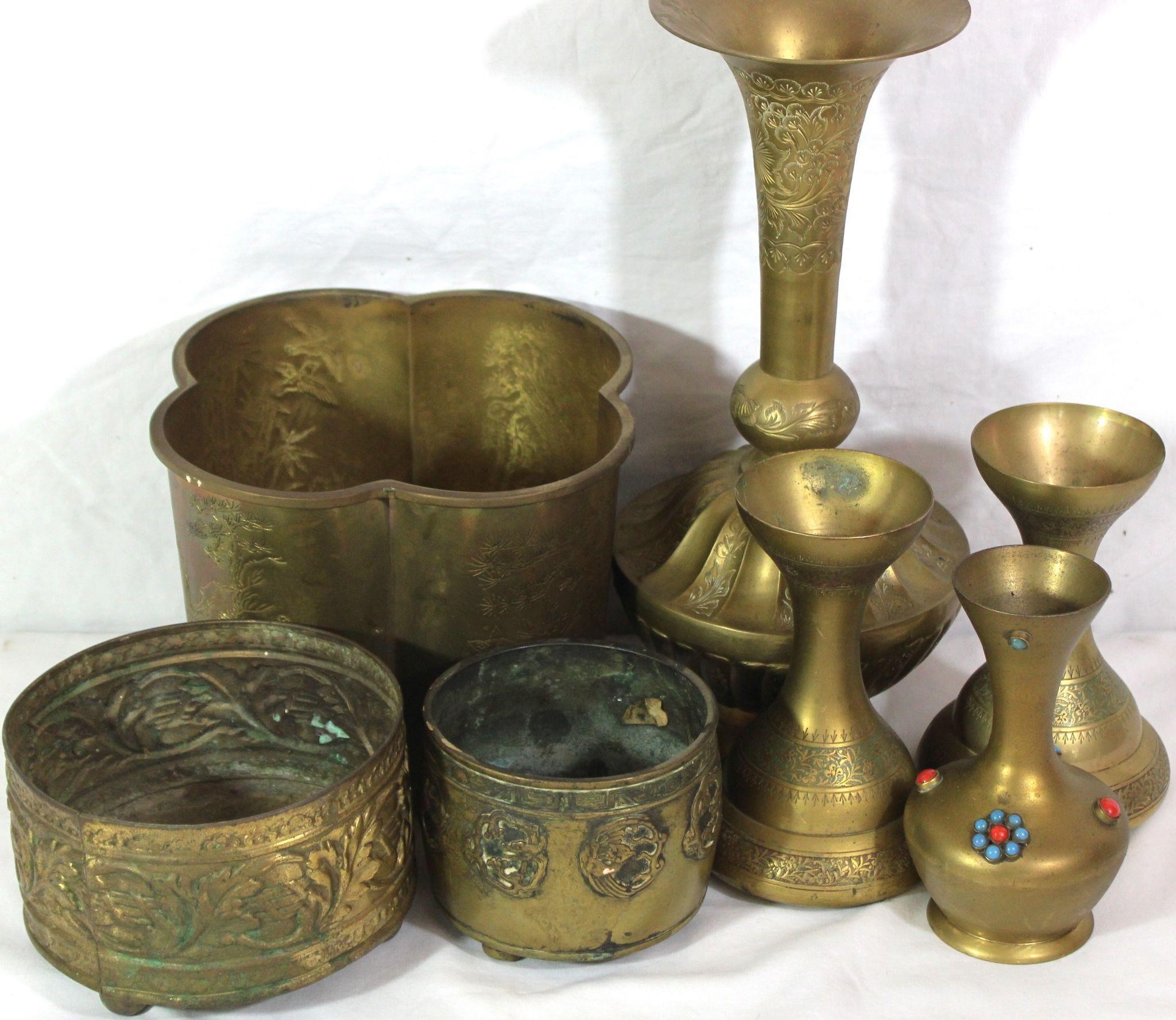 7 Vintage Asian Brass Vases & Cachepots