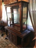 Heavy Handcarved Wooden Hutch w/Beveled Glass