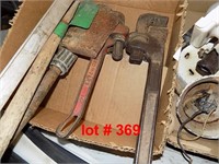 2 PIPE WRENCHES, COLLAPSABLE ARMY SPADE, AND