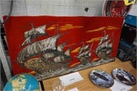 1970s' velvet painting of Sailing Ships, unsigned