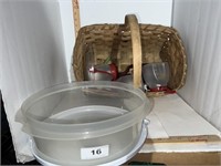 assorted plastic kitchenware and basket