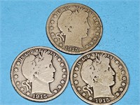 3-1915 D Silver Barber Half Dollar Coins