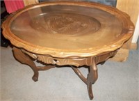 Antique Walnut Carved Coffee Table w/ Tray Top