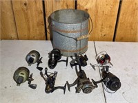 Metal Bucket, Vintage Fishing Reels