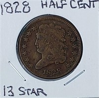 1828 Half Cent 13 Stars - Very Nice, Full Rims