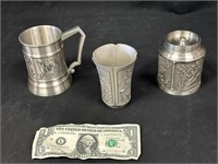 3 Nice Heavy Pewter Cups & Container