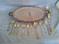 Silver plated serving tray and silveware