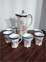 Wonderful Hand Decorated Chocolate pot and 7 cups