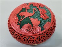 Chinese Cinnabar Brass Crane Domed Lacquer Box