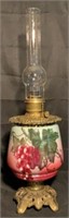 Antique Hand Painted Glass & Brass Oil Lamp