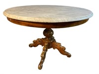 LARGE ROUND HEAVY CARVED MARBLE TOP TABLE